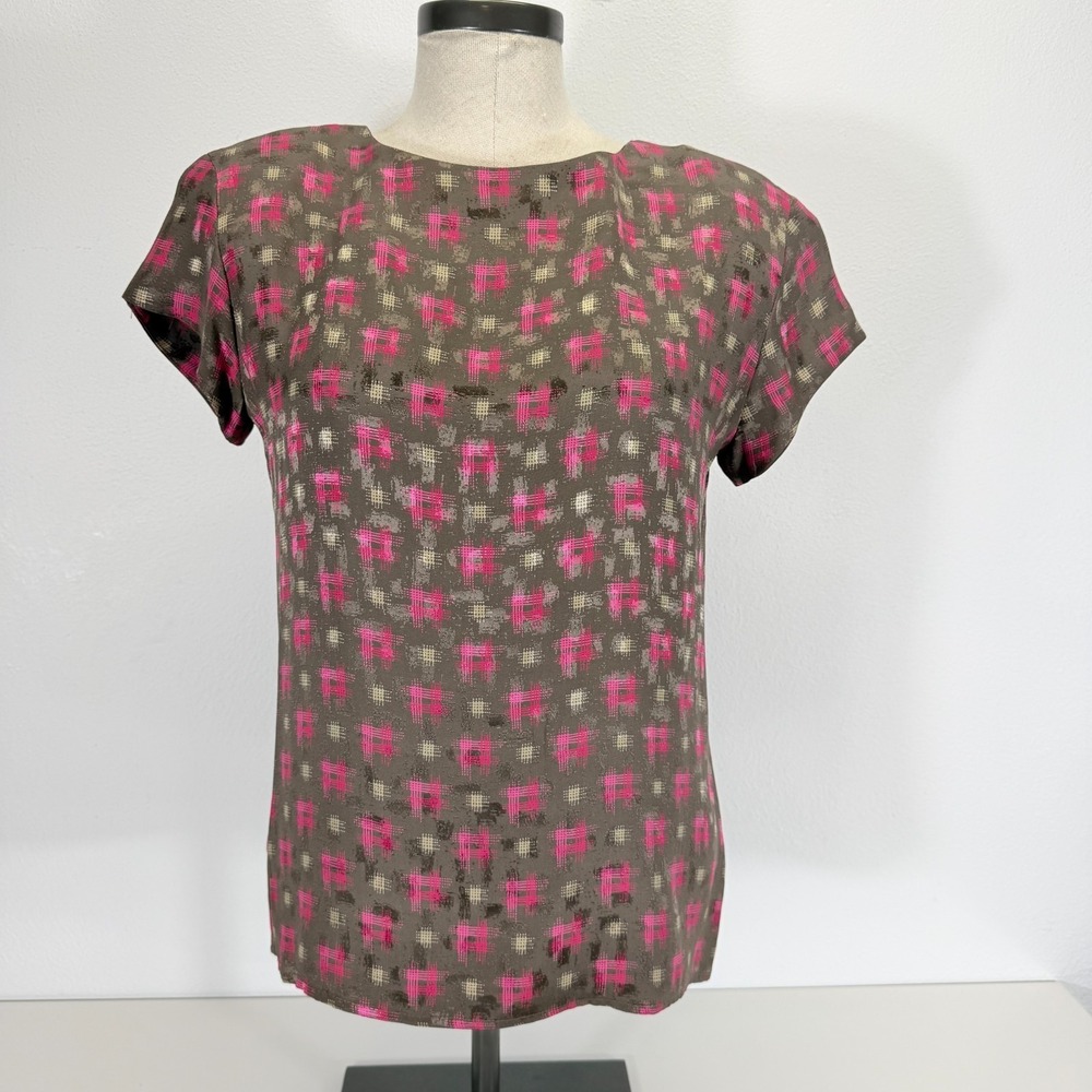 Anne Klein II 80s Vintage 100%‎ Silk Cap Sleeve Corp Career Brown Blouse Size S
